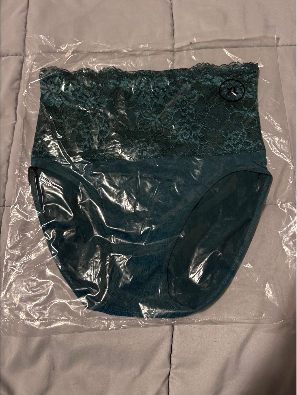 Rhonda Shear XL Lace Brief Panty Teal Floral High Waist New Sealed